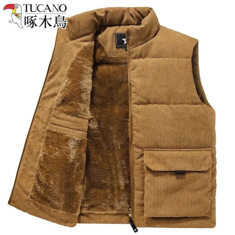 秋冬新款男士灯芯绒马甲加绒加厚立领坎肩多口袋马夹保暖上衣外套