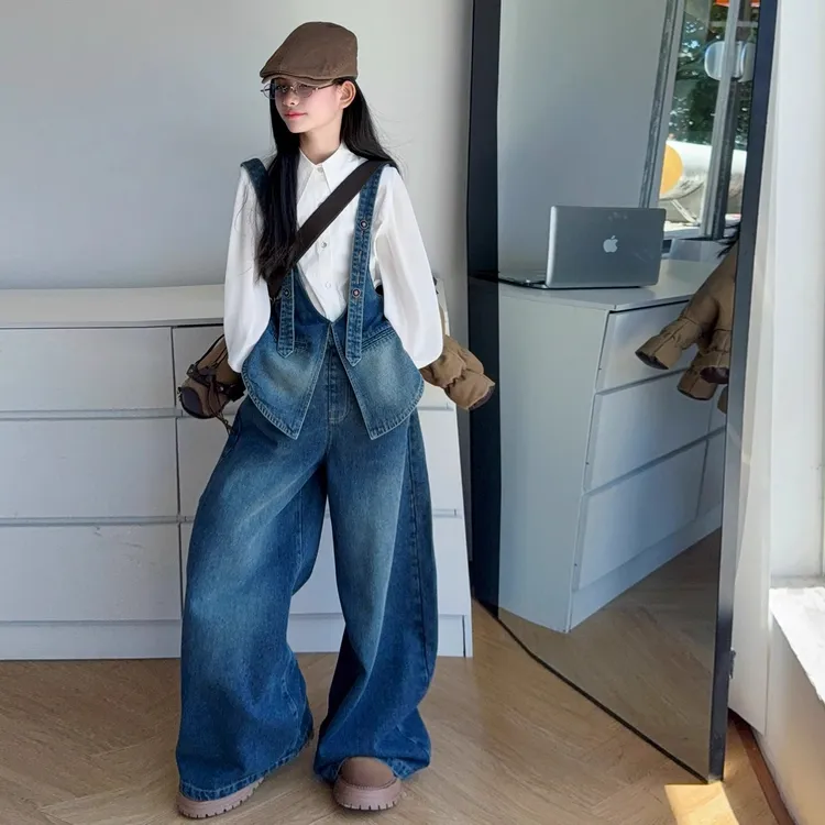 女童设计感牛仔背带裤套装春秋季2025新款儿童韩版洋气衬衫阔腿裤