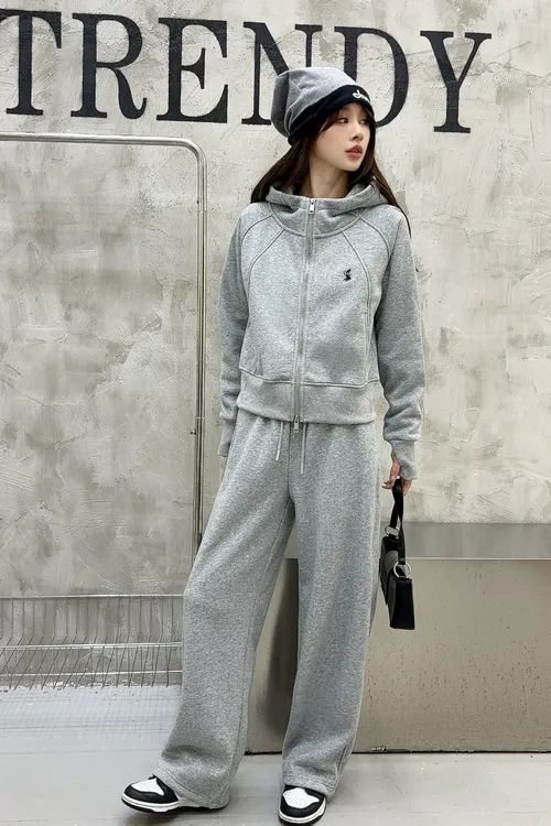 POLOGWON/保罗冬季加绒即穿即走！休闲百搭洋气连帽开衫套装ZD8005