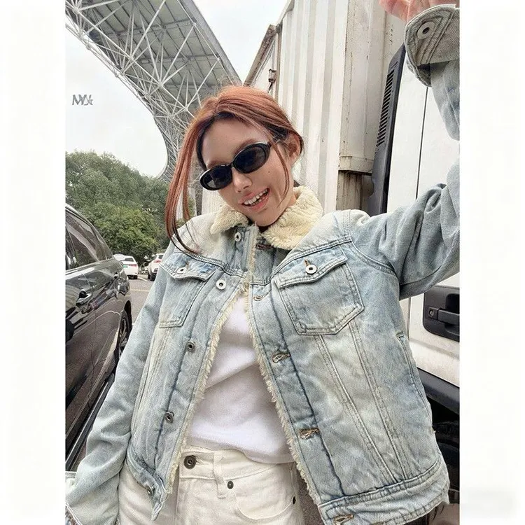 2025冬季新款复古做旧格纹毛绒夹棉牛仔水洗棉服夹克外套上衣女潮