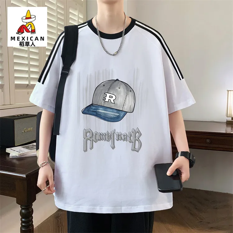 稻草人夏季纯棉短袖青少年t恤男孩新款学生宽松透气潮牌时尚男装