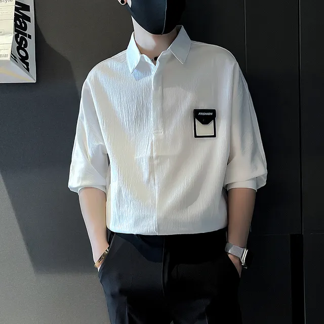 痞帅风衬衫男士短袖POLO衫夏季冰丝2025新款高级感七分袖衬衣男款