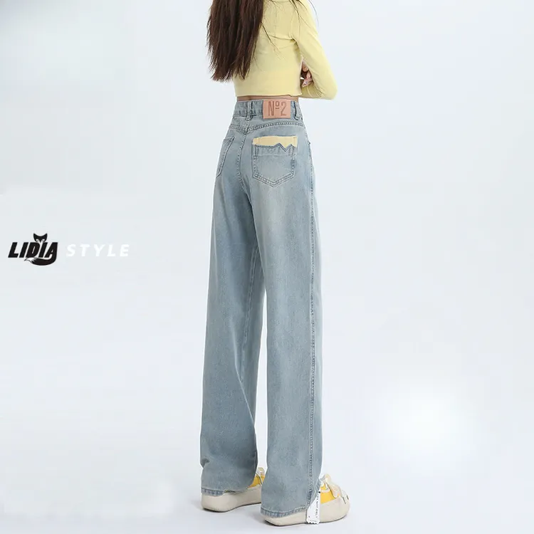 浅色高腰直筒牛仔裤女2025秋冬新款加厚拼接垂感遮胯显瘦阔腿裤子