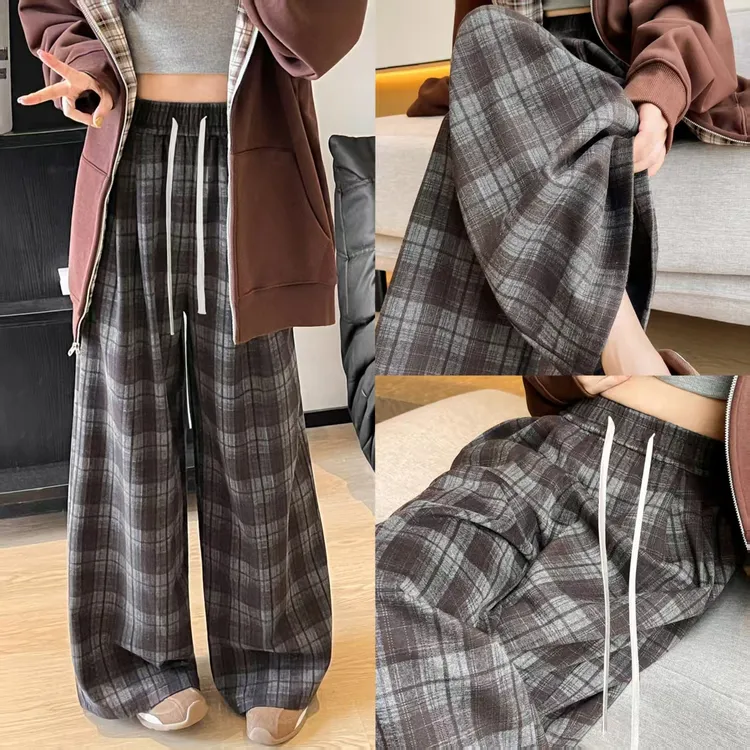 小个子格子裤女春秋季2025新款高腰显瘦休闲裤宽松慵懒风外穿裤子