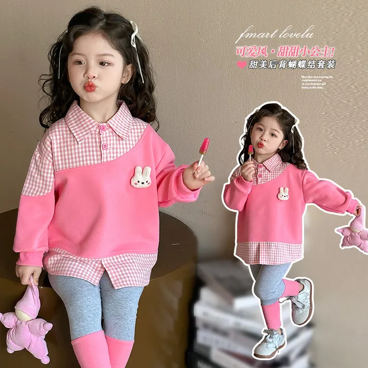 女小童春秋款套装2025新款洋气儿童衬衫假两件女宝宝打底裤两件套