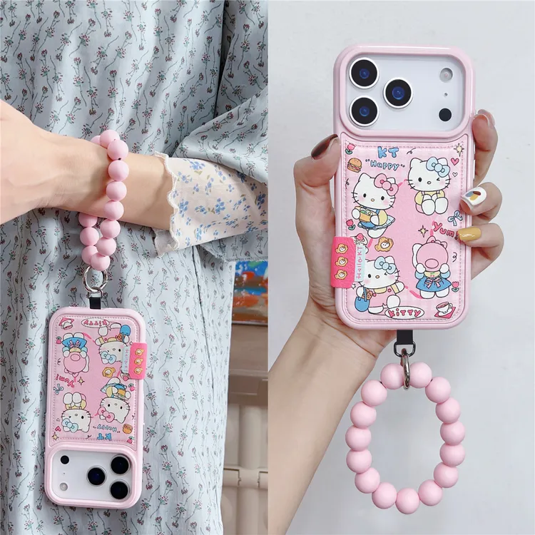 粉色皮纹蝴蝶结猫适用苹果17promax串珠16挂绳iphone15pm手机壳14