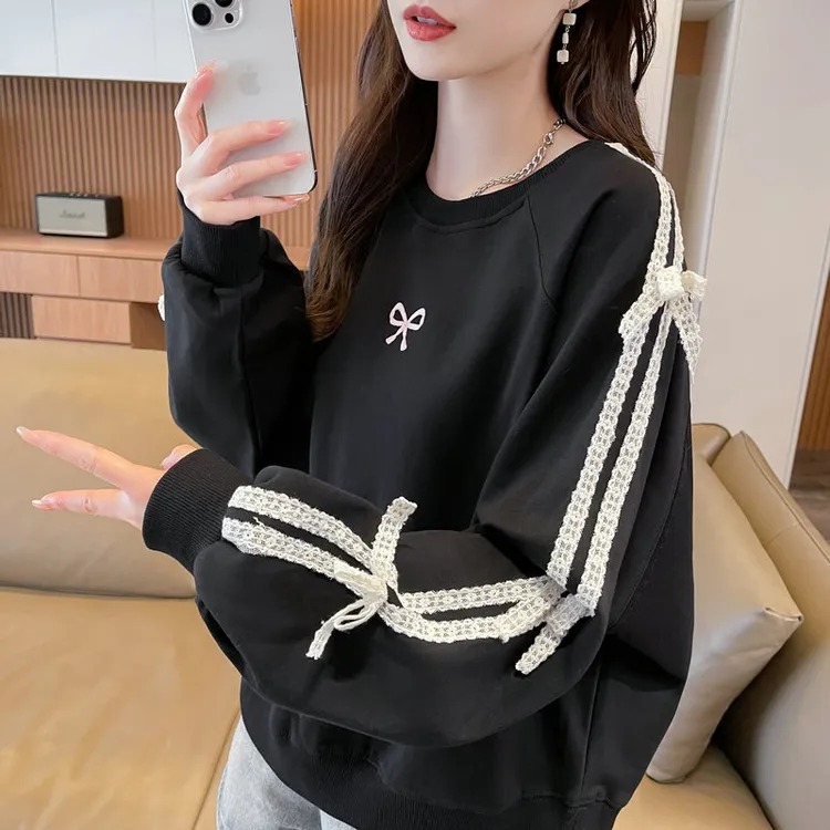 蕾丝花边蝴蝶结卫衣女2025新款春秋季韩版宽松薄款早秋装上衣外套