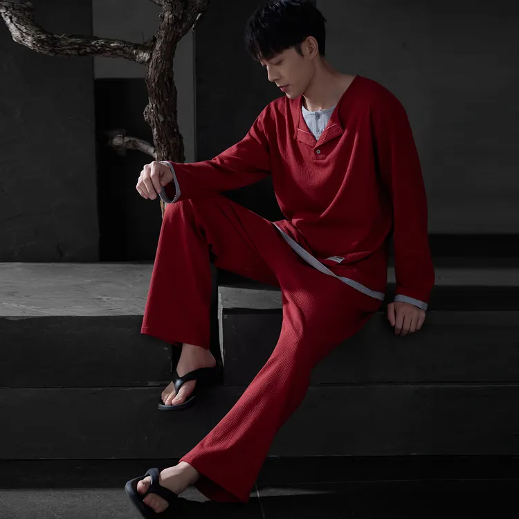 男士纯棉长袖长裤睡衣秋季2025新款红色本命年可外穿家居服套装