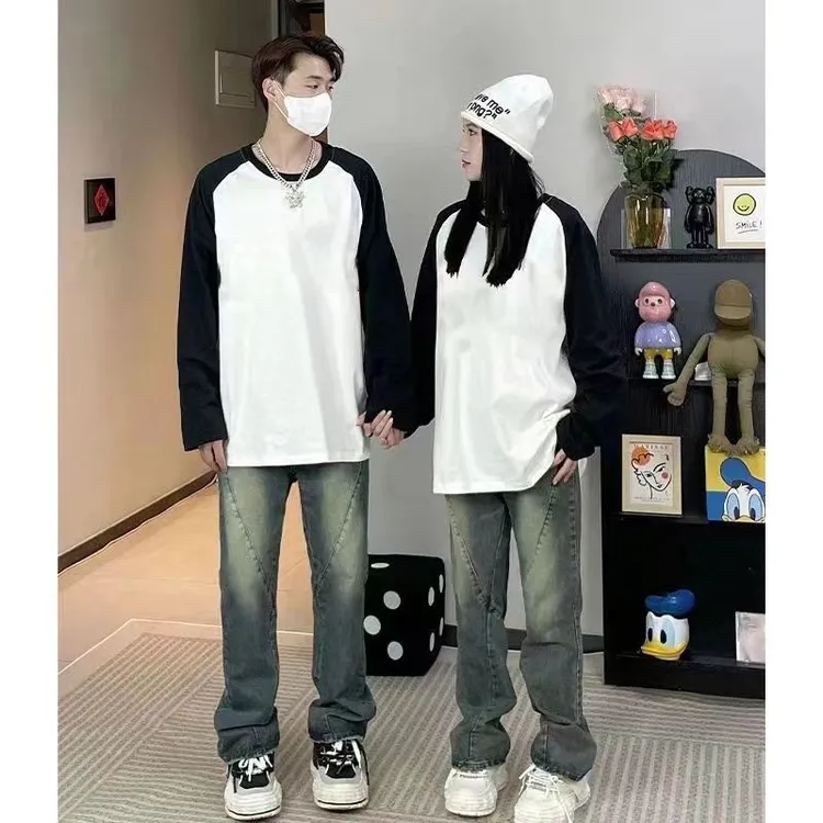 2024年男女同款T恤-黑白拼接长袖PJ撞色情侣装拼色秋季