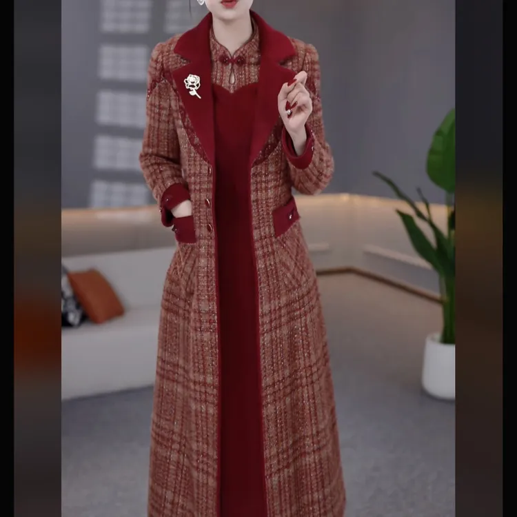 【外套+连衣裙】25B382MJ新款加厚内胆夹棉翻领大衣减龄洋气两件套