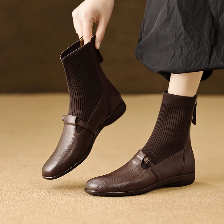 头层牛皮圆头平底舒适短靴女 2cm大码针织手工法式简约百搭时装靴