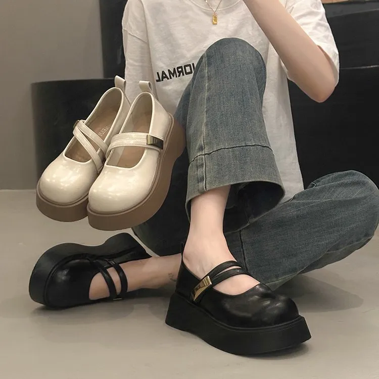 白色法式玛丽珍小皮鞋女2025新款夏季百搭一字扣圆头尖头单鞋女