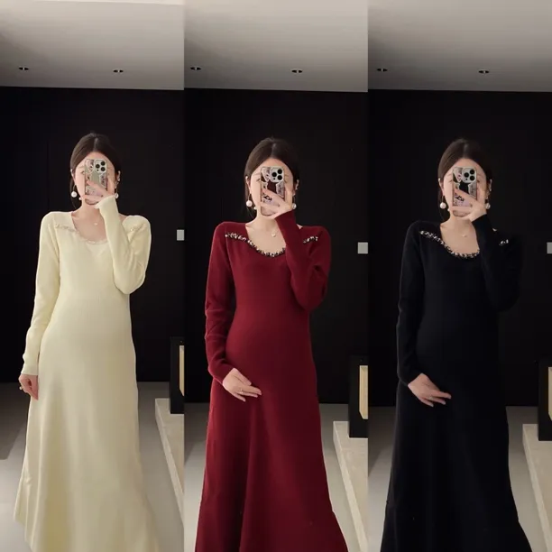 senenmu 【私藏连衣裙】新款显瘦气质针织钉珠连衣裙孕妇装