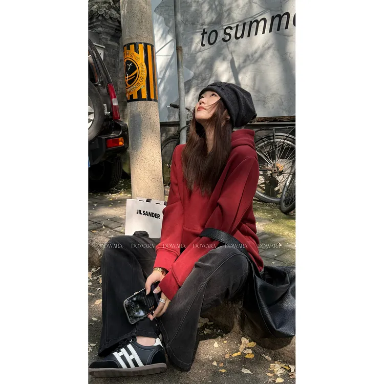 大婉酱微胖定制【红颜】美式宽松百搭卫衣女秋冬加绒连帽上衣 1148D