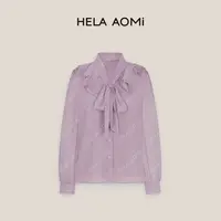 HELAAOMI “香芋紫”减龄宽松显瘦荷叶领飘带洋气时尚长袖衬衫