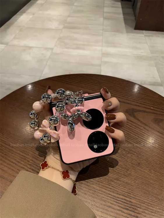 粉爱心皮质蝴蝶结气球狗链条适用华为pocket2手机壳