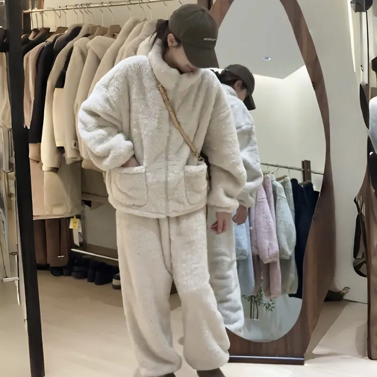 2024新款拉链立领睡衣秋冬季家居服加厚套装高领可外穿女居家睡衣