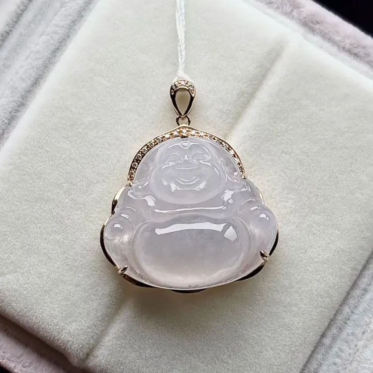 18k玫瑰金钻镶冰润翡翠佛公吊坠，尺寸30*21.3*8mm