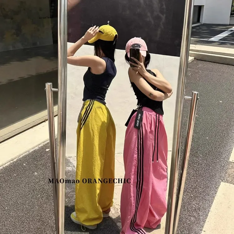 高街条纹休闲运动裤女夏季美式速干设计感三条杠休闲直筒阔腿裤子