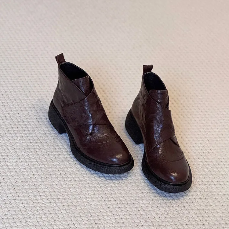 羊皮版~厚底魔术贴短靴英伦风一脚蹬通勤靴子小个子增高瘦瘦靴女