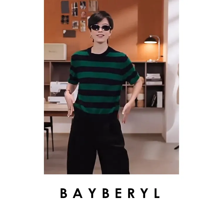 CC10-BAYBERYL老贝甜点*羊绒圆领复古秋拼色短袖针织衫ZZS5H2302