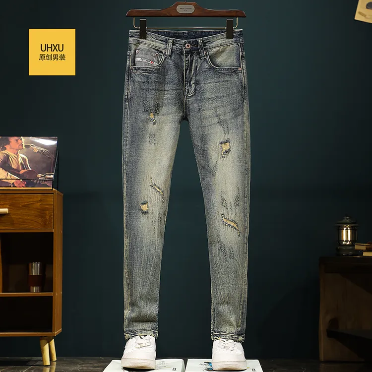 UHXU高定轻奢春夏2025新款美式复古牛仔裤男修身直筒破洞裤子长裤