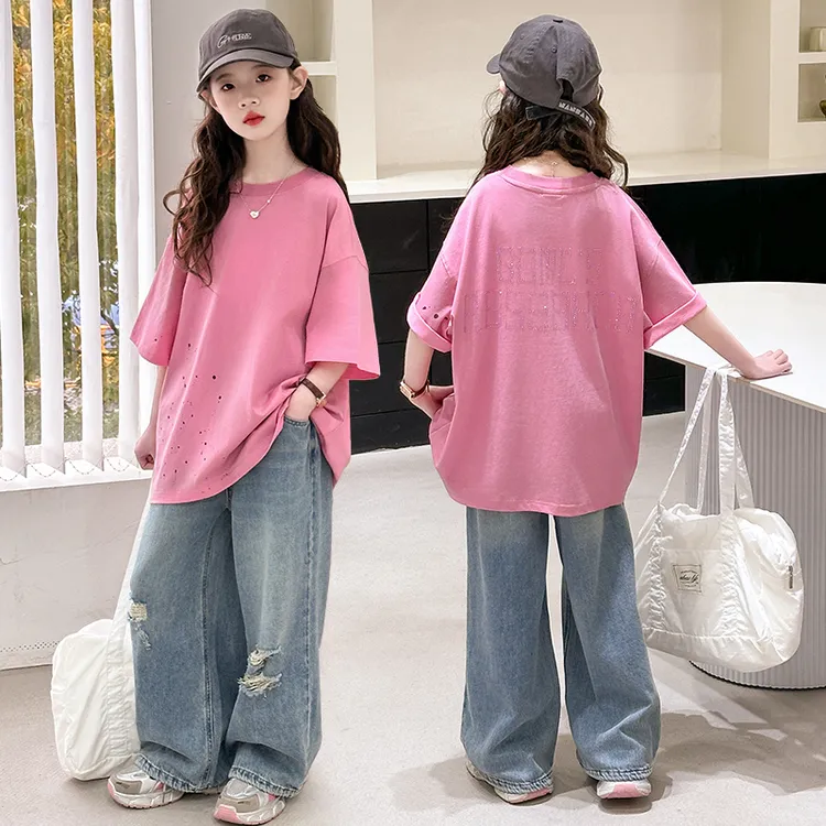 女童夏装喷墨点短袖套装薄款儿童大童夏季潮款T洋气牛仔阔腿裤子