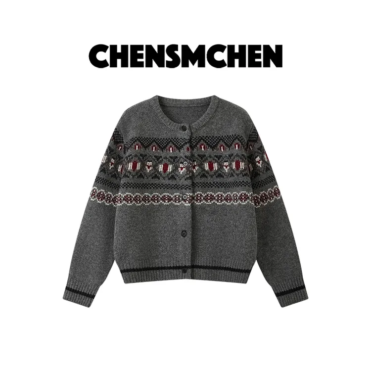 CHENSMCHEN绵羊毛费尔岛几何针织衫女时尚百搭显瘦开衫CSM11158MX