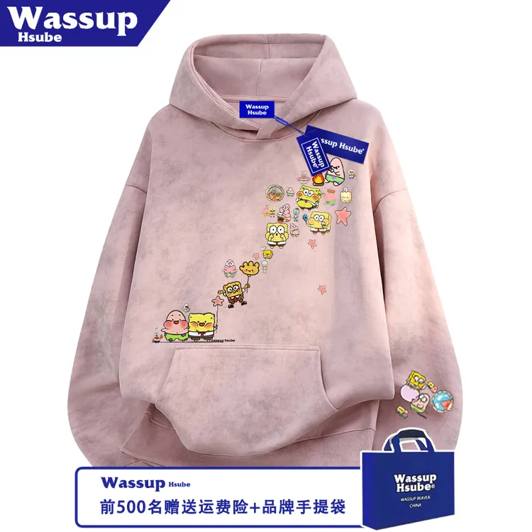 WASSUP HSUBE秋冬季蜡染粉男女加绒卫衣海绵宝宝印花连帽套头上衣