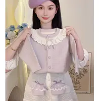 女童花边领开衫毛衣春秋款时尚洋气儿童秋装针织衫女宝宝针织套装