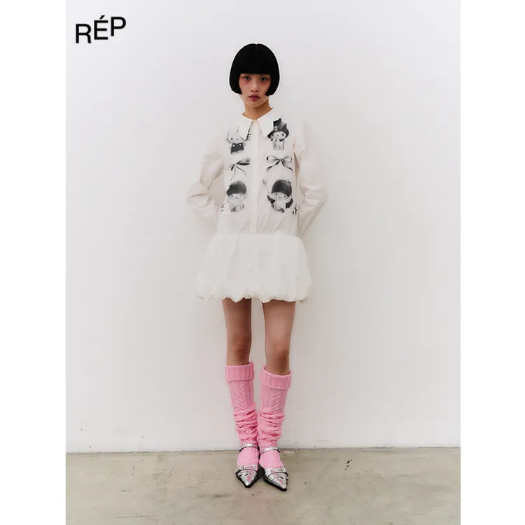 REP-CELINE KWAN设计师品牌白色图案衬衫连衣裙 25FW新品