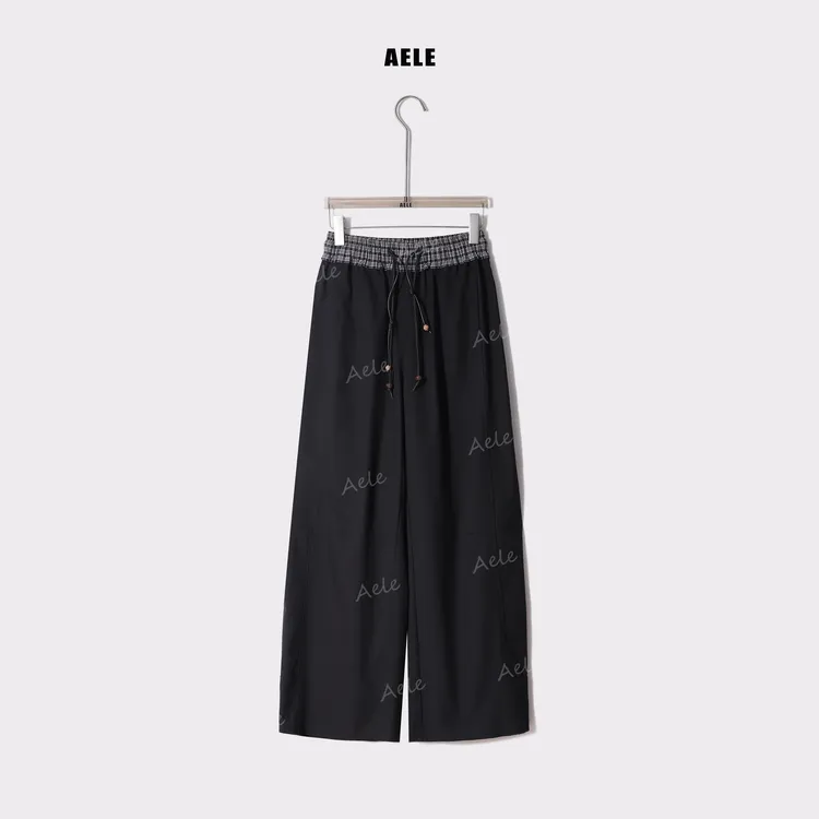 AELE森系微弹力丹宁风拼接格子显瘦休闲裤松弛感长裤K853 2323 AD
