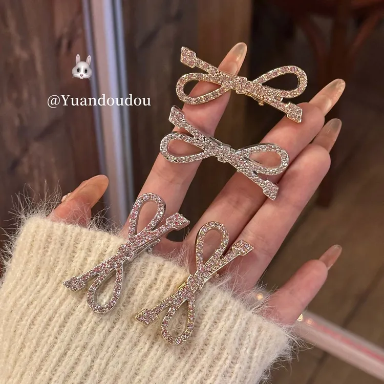 韩系爆闪水钻蝴蝶结发夹侧边夹鸭嘴夹冬日少女刘海发卡夹子头饰品