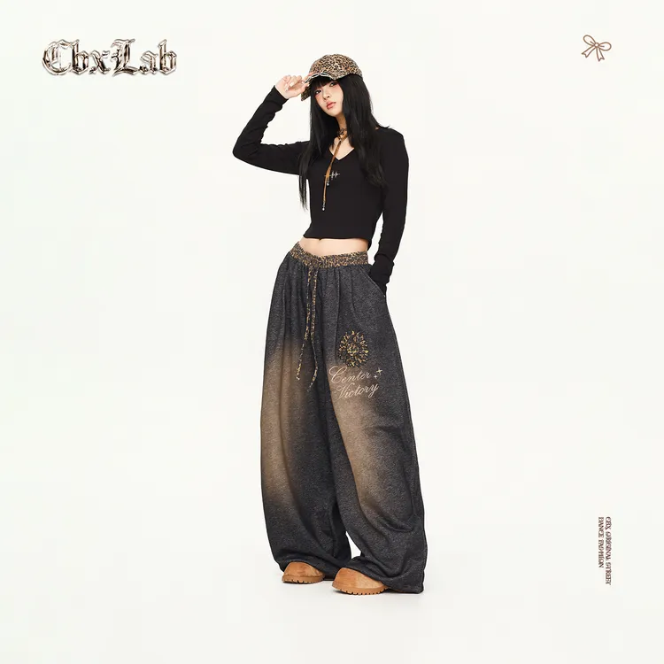 【达人专属】CBXLAB街舞潮牌豹纹太阳花拼接长裤嘻哈酷帅感复古长裤