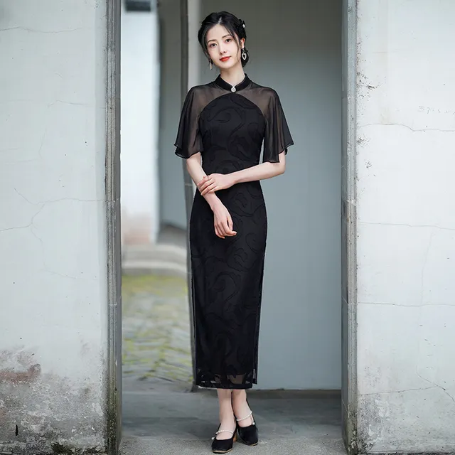 黑色改良版长款旗袍2025年夏季新款复古民国风气质高级感飞袖优雅