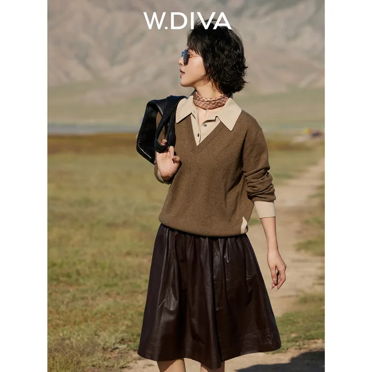 W.Diva【纽扣叙事】羊绒细支纱美拉德复古假两件排扣毛衫53Z012778