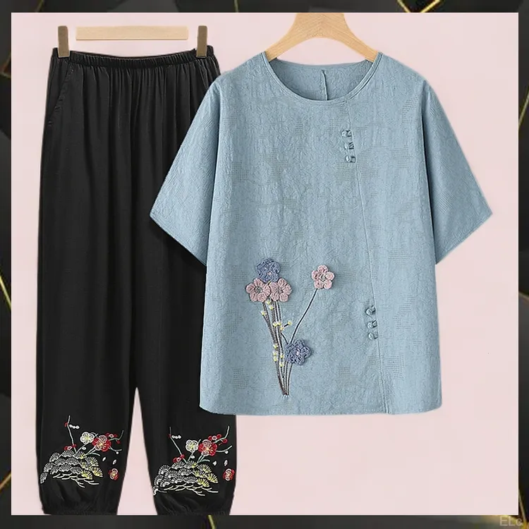 妈妈装夏季新款大码T恤圆领短袖上衣中老年女装老太太套装一整套