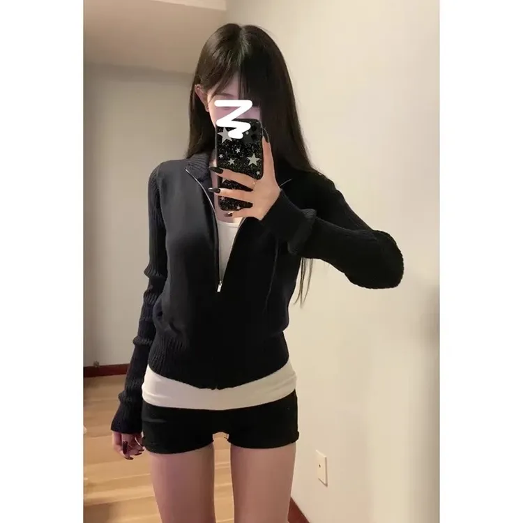 漂亮小香风黑色拉链针织毛衣外套女2025春秋韩系短款上衣洋气森系