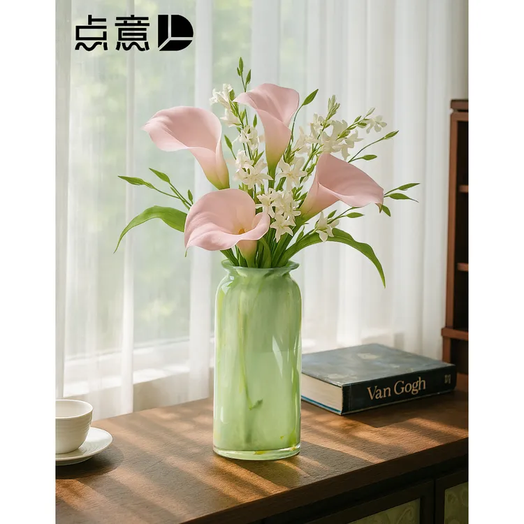 古典绿色琉璃花瓶水养百合鲜花ins新中式桌面直筒渐变小复古新家