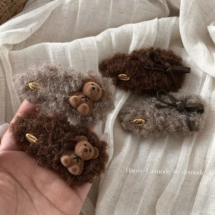 韩系金标羊羔毛小熊发卡毛绒蝴蝶结发夹侧边夹高级感bb夹小饰品