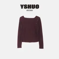 YSHUO【盐甜密码】一字肩长袖内搭翻边斜领纽扣套头休闲上衣 25556