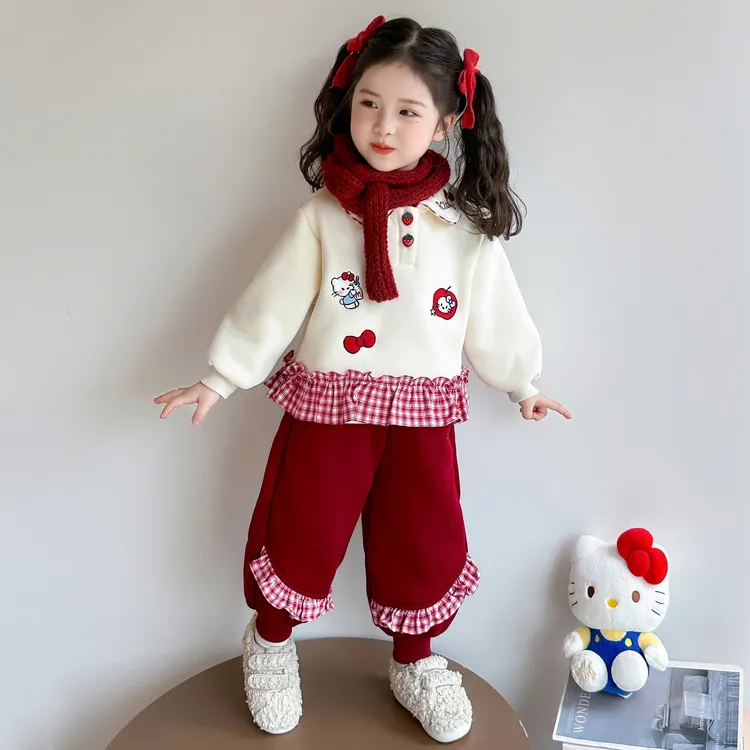 女童冬季加绒套装2025新款女宝宝卡通花边卫衣两件套超好看的冬装