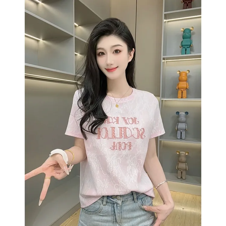 樊范儿新款刺绣字母设计感蕾丝工艺百搭洋气圆领短袖T恤女-25165
