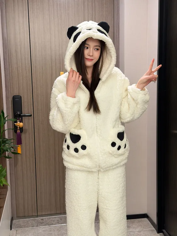 ximifushi【大国宝】极寒睡衣女冬季连帽外套加厚加绒家居服可外穿