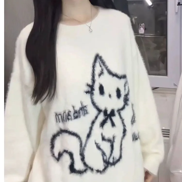 莲叶甜美日系可爱猫咪提花仿貂毛套头毛衣女学生秋冬季新款慵懒针