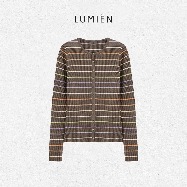 【LUMIEN 新品】条纹圆领100绵羊毛针织开衫LX5CSS031
