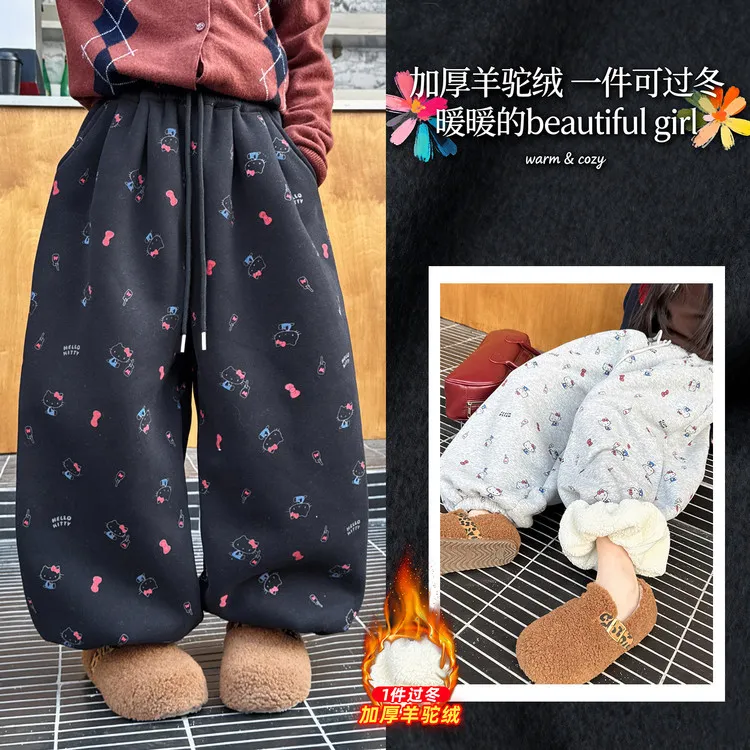 女童加绒加厚卫裤宝宝秋冬新款大童洋气羊羔毛卡通休闲弯刀裤潮