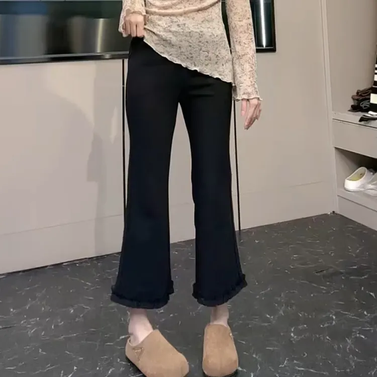 秋季休闲风高腰薄款休闲裤子女蕾丝花边直筒春秋微喇裤显瘦百搭