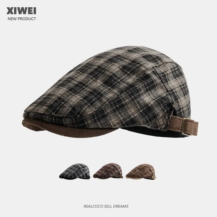 复古格子前进帽加厚毛呢贝雷帽秋冬保暖显脸小文艺报童画家帽子