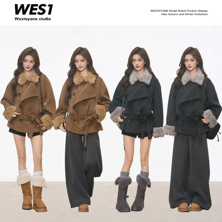 10.7新品 WESTAYONE毛领加厚毛呢大衣外套女士小个子高级+阔腿裤